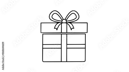 Simple black and white outline drawing of a wrapped present box featuring a beautifully tied bow on top for celebration invitations or holiday designs