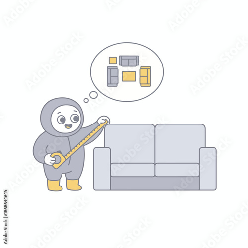 Sweet character measuring sofa, visualizing ideal home layout and furniture placement illustration.