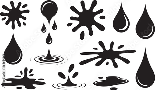 Puddles drops splashing water. Dripping liquid elements, isolated black ink flow. Tears flowing vector silhouettes, oil or rain drips