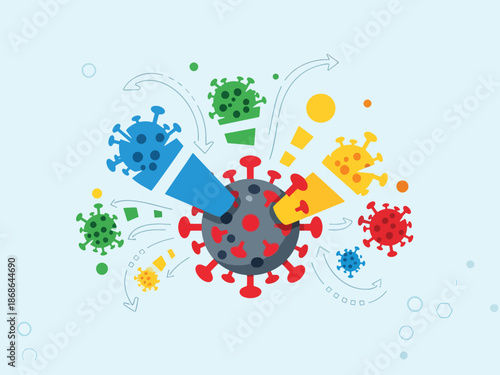 Stylized graphic depicting colored virus shapes interacting with a central gray sphere