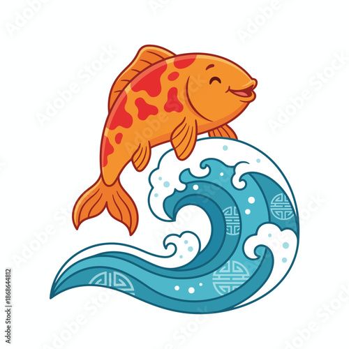 Vibrant Cartoon Fish Happily Jumping Over Blue Wave with Traditional Motifs