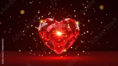 Luxurious faceted red heart crystal gem glowing with shimmering golden particles on a deep red background, perfect for love, romance, and elegant celebrations.