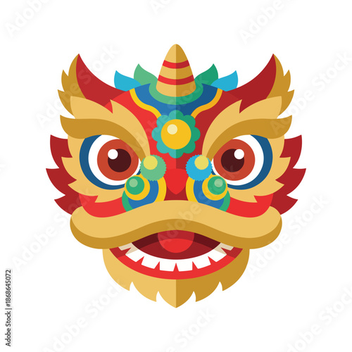 Vibrant Traditional Asian Lion Dance Head Illustration for Cultural Celebration
