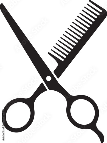 Scissors and hairbrush graphic icon. Sign crossed scissors and hairbrush isolated on white background. Barbershop symbols. Vector illustration