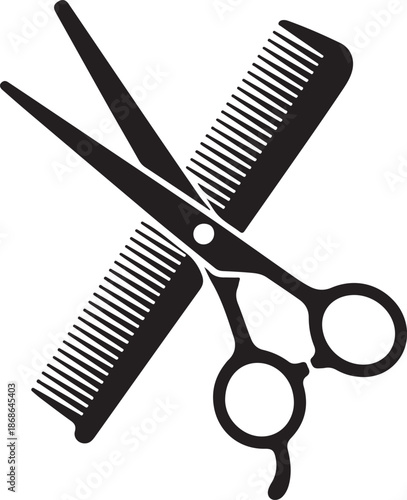 Scissors and hairbrush graphic icon. Sign crossed scissors and hairbrush isolated on white background. Barbershop symbols. Vector illustration
