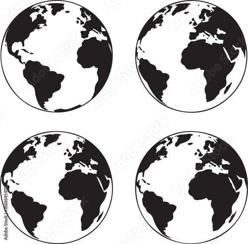 Set 3d earth globe on isolated background. Earth globe black icons. Earth globe isolated on transparent background