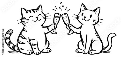 Hand drawn line art illustration of two cute cats depicting toasting with champagne glasses for a celebration