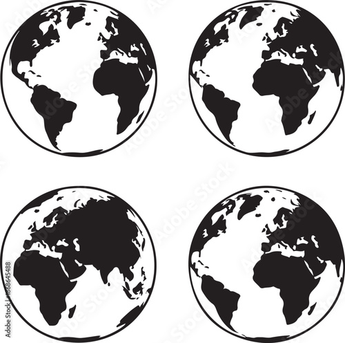 Set 3d earth globe on isolated background. Earth globe black icons. Earth globe isolated on transparent background