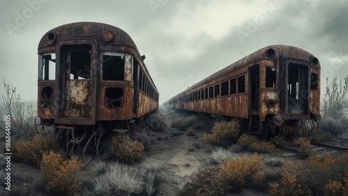 Two rusted train cars stand derelict on tracks, hinting at a forgotten era, in a desolated landscape