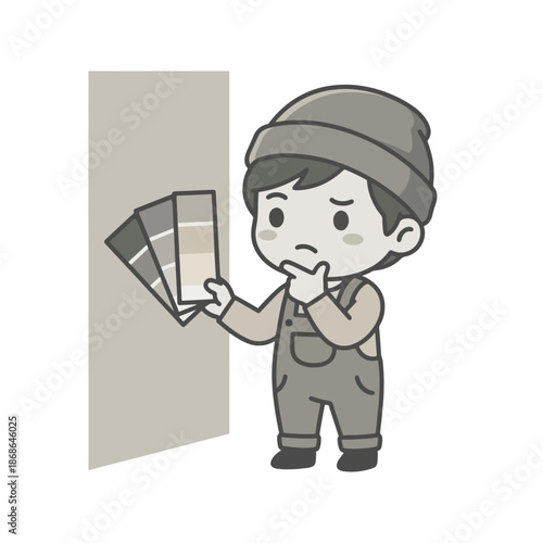 Cartoon character contemplating paint color swatches for interior wall decoration