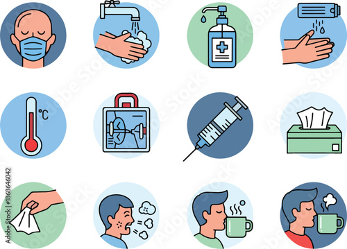 Twelve circular icons depicting health hygiene and illness symptomstreatments
