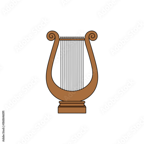 Elegant brown harp with decorative scrolls