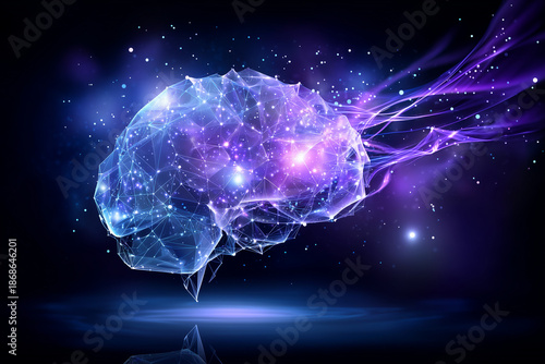 Abstract visualization of a digital human brain with glowing blue and purple neural networks, artificial intelligence and deep learning concept, futuristic data science background.