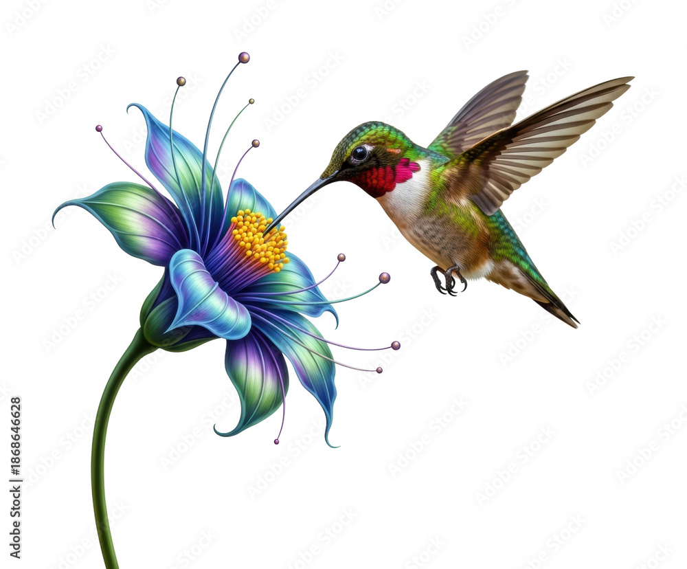 Naklejka premium Hummingbird feeding on colorful flower nature scene vibrant colors isolated on transparent background