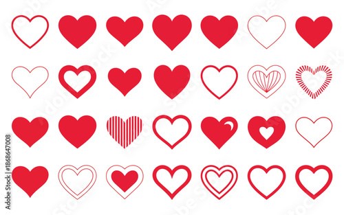 A collection of diverse red heart icons representing love, romance, and affection in various artistic styles