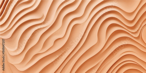 A natural design featuring the dry texture of sand dunes and the patterned grain of a wooden oak board creates a brown desert wallpaper with a wavy surface