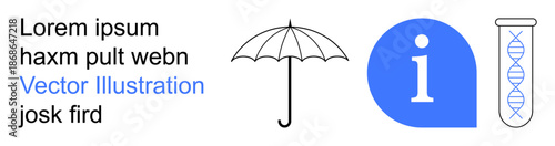 Visual concepts for science, knowledge, protection, education, branding, communication. Includes umbrella, info symbol and DNA in test tube. Science and knowledge concepts