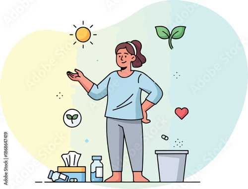 Woman surrounded by sun plants medicine and a trash can