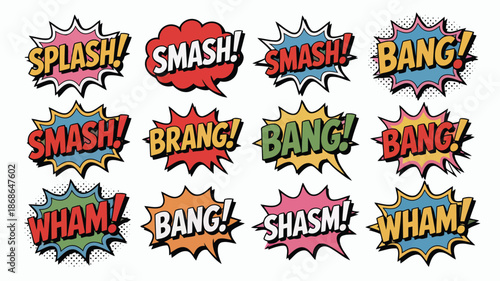 A vibrant collection of comic book style speech bubbles with various dynamic sound effects