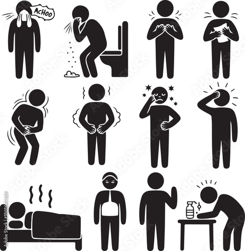 Sick ill Fever Flu Cold Sneeze Cough Vomit Disease
