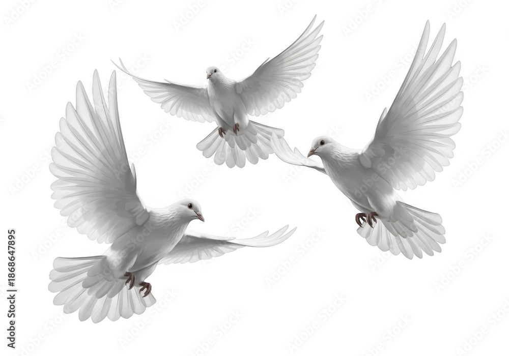 Fototapeta premium Three white doves in flight against a black background
