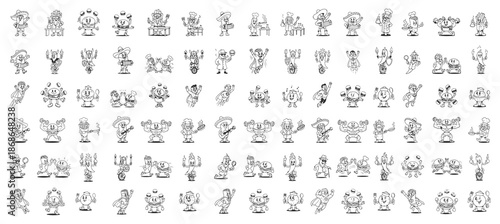 Retro Doodle Food Characters, Comic Style Burger and Snack Mascots