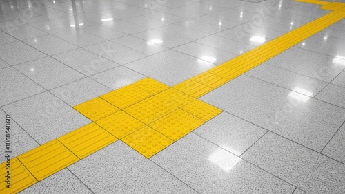 Yellow tactile paving strip on gray floor tiles, offering vital guidance for visually impaired pedestrians