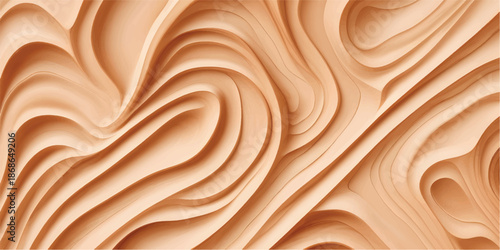 Brown wood texture background with a smooth chocolate swirl pattern and golden silk fabric waves in a flowing satin material design