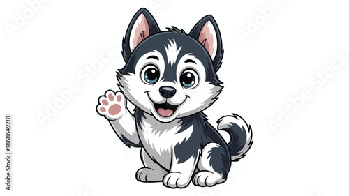 Adorable little cartoon husky puppy character sits happily with an open mouth and waving paw