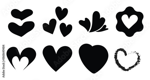 Set of various black heart silhouettes and icons for valentine day and romantic love concepts