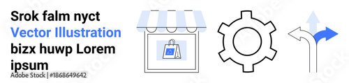 Storefront with shopping bag, gear for settings or processes, and directional arrows for guidance or decision-making. Ideal for business, e-commerce, process management, navigation, retail
