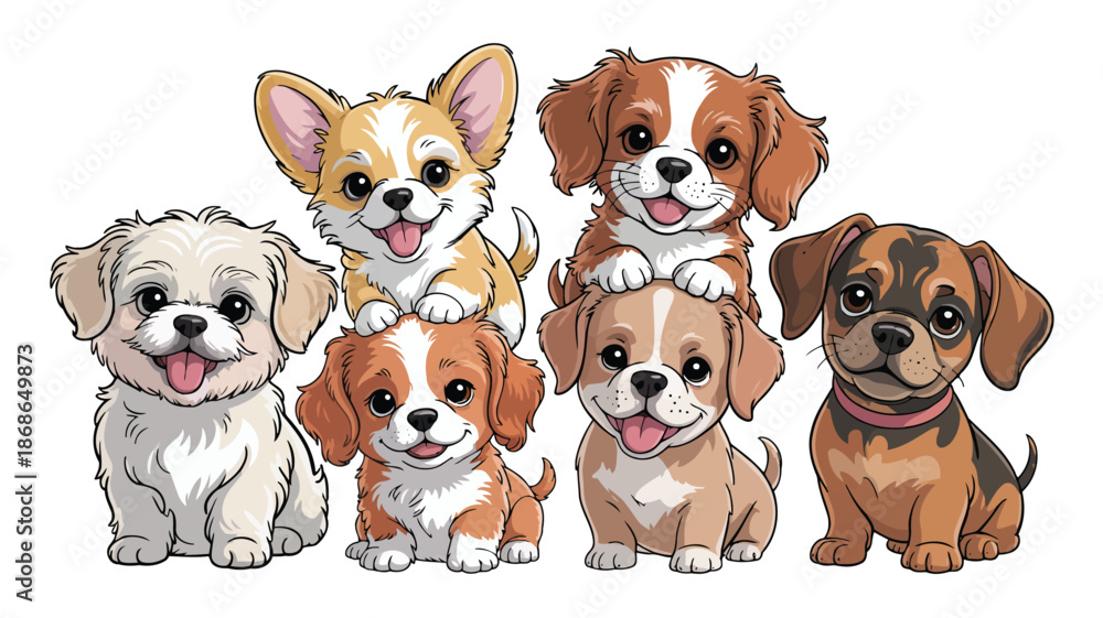 Obraz premium Adorable little cartoon puppies of various breeds happily smiling and stacked together
