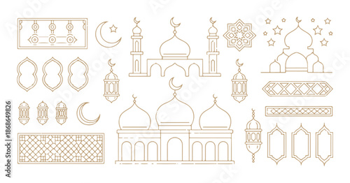 Golden ramadan kareem design elements set with mosque lanterns crescent moons and geometric patterns