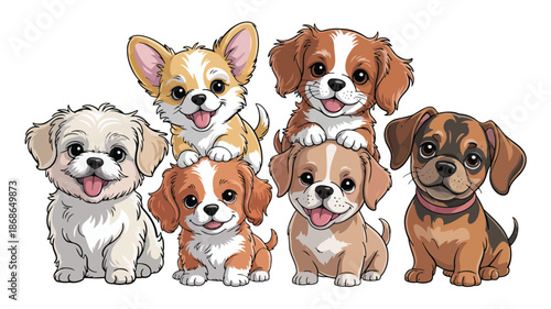 Adorable little cartoon puppies of various breeds happily smiling and stacked together