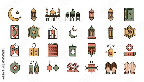 Ramadan and eid mubarak outline color icon set mosque lantern prayer hands holy book and calendar graphics