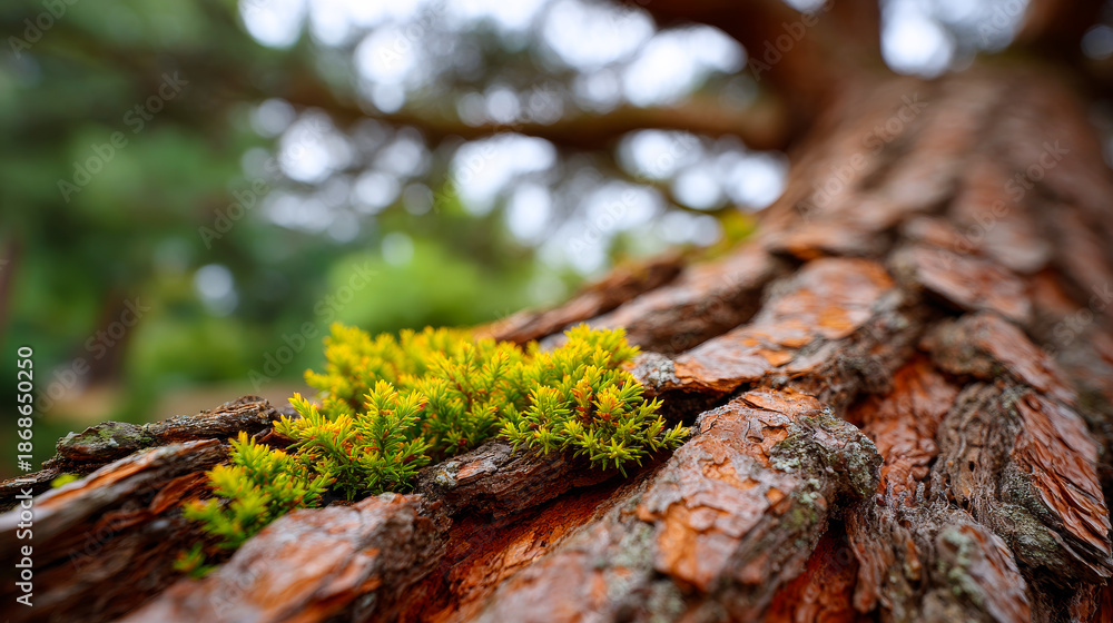 Fototapeta premium Close view of tree bark with green moss. Bright green moss grows on the rough bark of a large tree during daytime in a forest area.