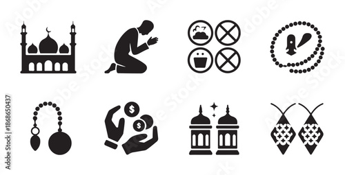 Islamic icons prayer beads mosque prohibition signs giving money lantern and calligraphy for Muslim faith