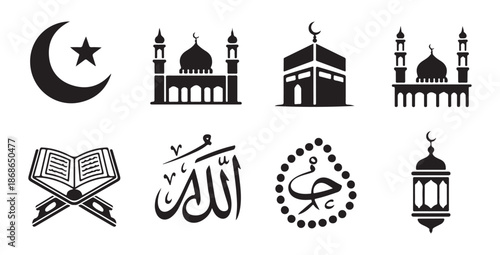 Islamic symbols crescent star mosque Kaaba holy book calligraphy prayer beads lantern for Muslim events