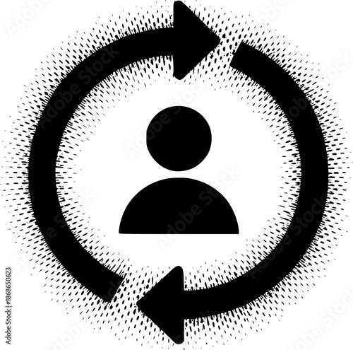 Circular Human Icon: A minimalist icon representing an individual within a continuous loop, symbolizing cyclical processes, self-improvement, and user interaction.