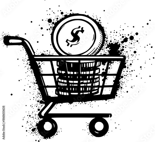 Financial Shopping Spree: A whimsical illustration of a shopping cart brimming with dollar coins, representing financial purchasing power and economic growth.