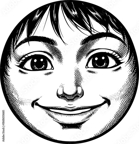 Smiling Face Illustration: A meticulously crafted illustration of a face in a circular frame, showcasing a radiant smile. The detailed linework brings out every nuance of happiness and emotion.