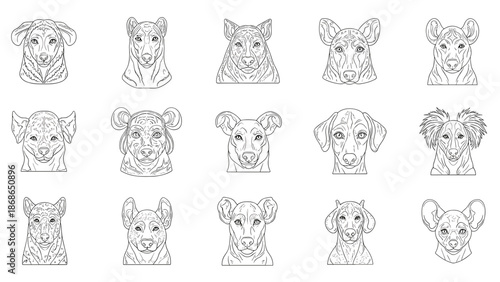 Collection of Dog Head Illustrations in Line Art Style, Generative AI.