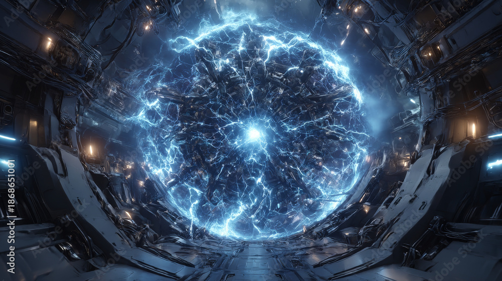 Fototapeta premium 3D rendering of space flight to another dimension through a wormhole in time and space. A bright, high-energy and high-tech tunnel. The motion of the plasma into particle accelerators