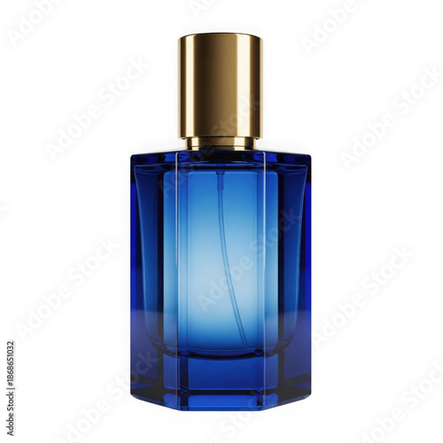 Elegant blue perfume bottle with golden cap
