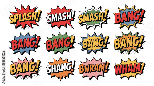 Array of classic comic book sound effect bubbles showing various words with bold outlines and halftone screens