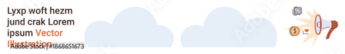 Cloud computing, digital marketing, data services, advertising, technology, communication. Two clouds with icons of a megaphone, dollar sign and data symbols. Cloud computing and digital marketing