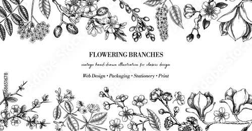 Vintage spring background. Blooming trees border design. Flowering branches hand drawn vector illustration in sketch style. NOT AI generated