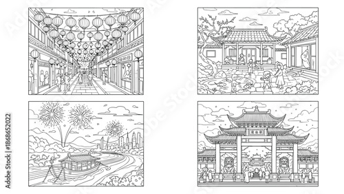 Traditional Chinese Architecture and Street Scenes Coloring Pages, Generative AI.