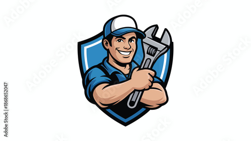 Cheerful plumber or service technician proudly holding a large silver wrench inside a blue shield badge