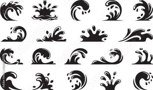 Water drops, black sea ocean waves stencil. Liquid elements, cry droplet icons vector set. Ink, sauce, river isolated splashes